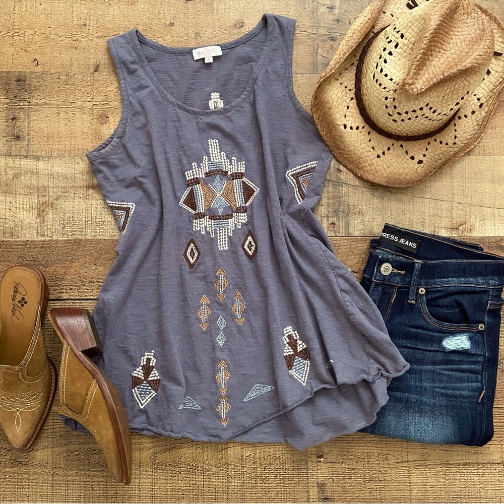 Embroidered Tank Top in Charcoal, SW Design, Native American Inspired, Western